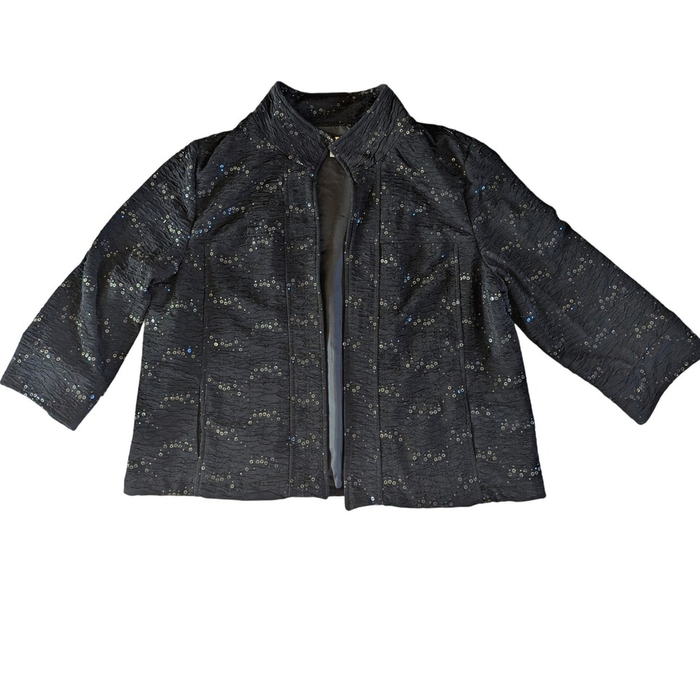Dressbarn Womens XL Black Crinkle Sequin Open Front Jacket Evening 3/4 Sleeve - Picture 4 of 8